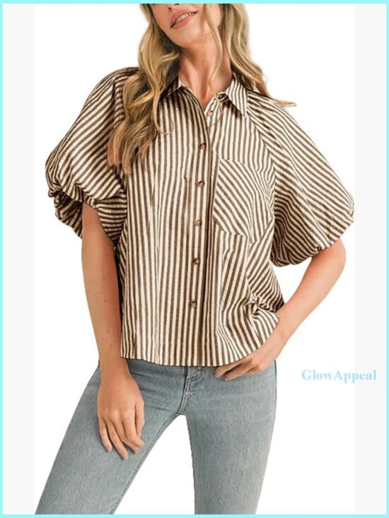 Tops - Striped Button Down Shirt Puff Sleeve Collared V Neck Loose Casual Blouse